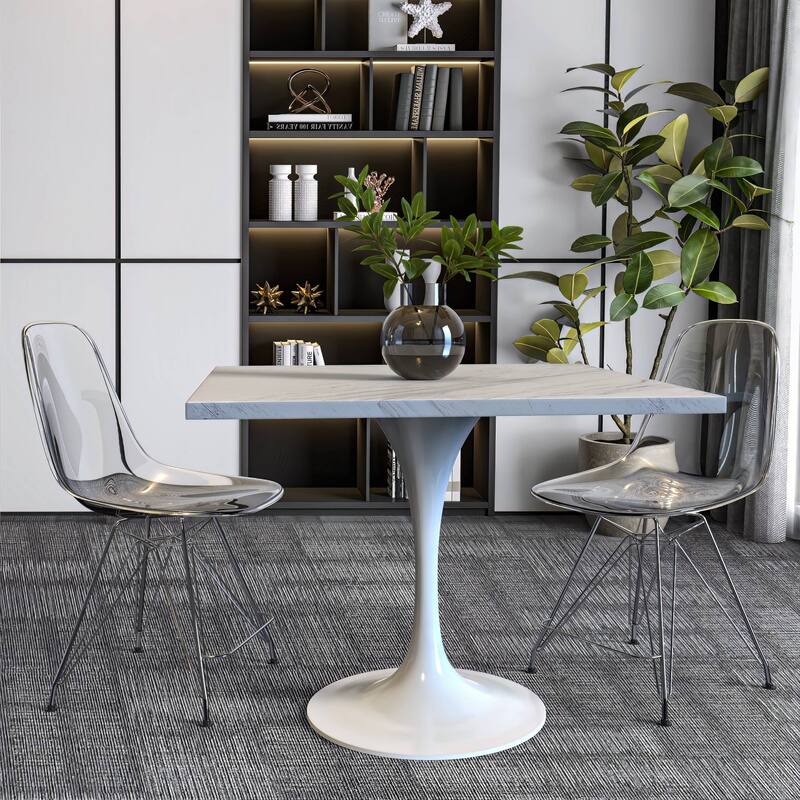 LeisureMod Verve Square Dining Table with Resin Tabletop and White Steel Base for Kitchen and Dining Room