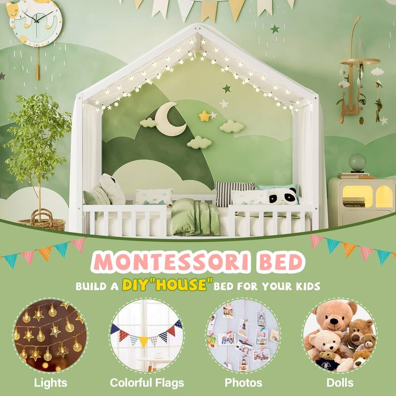 Montessori House Bed with Canopy, Twin/Full Kids Floor Bed Frame with High Railings, Wooden Roof Bed for Toddlers and Children