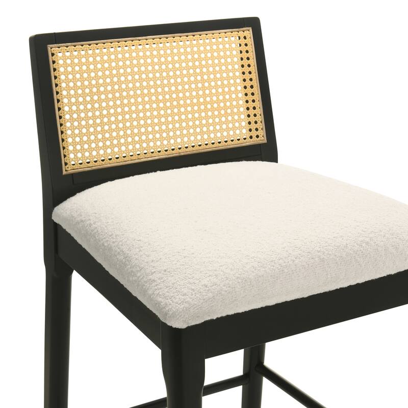 Tobias Rattan and Wood Bar Stool, Counter Height Kitchen Stool with White Boucle Fabric Upholstered Seat