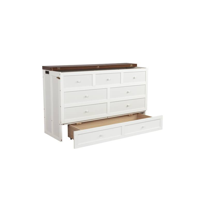 Roomfitters Queen Bed Cabinet with Storage Compartment & Charging Station, USB Ports, Solid Pine Space Saving Bed, White Walnut