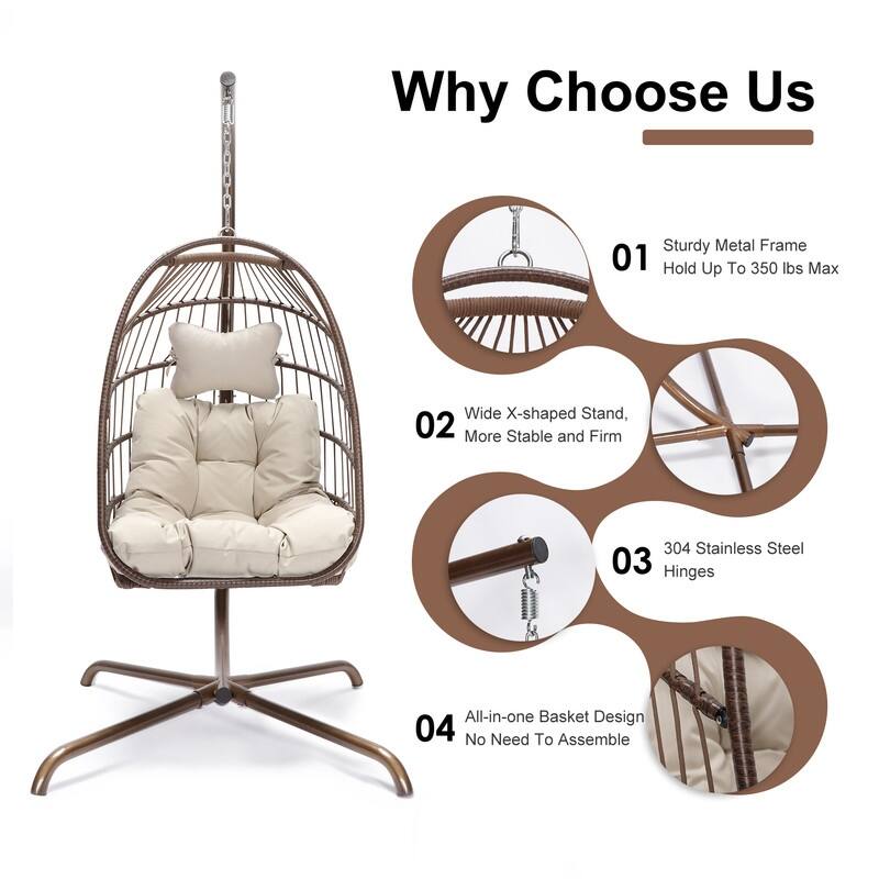 Oversized Wicker Hanging Egg Chair with Stand, Outdoor Indoor Swing Chair with Cushion, 350 lb Capacity