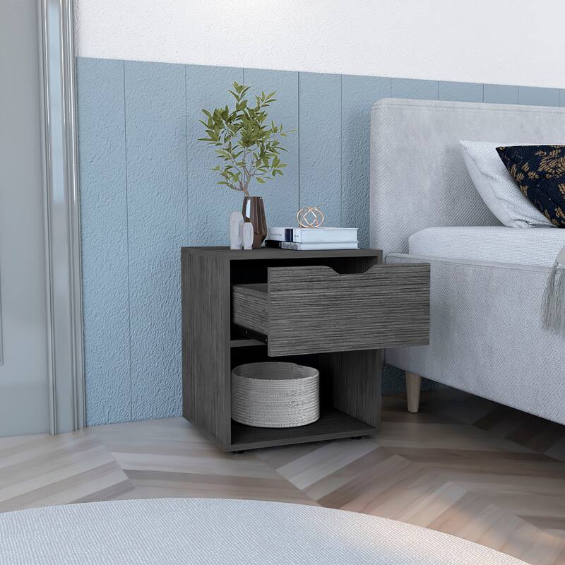 Compact Light Gray Nightstand with Drawer and Open Shelf