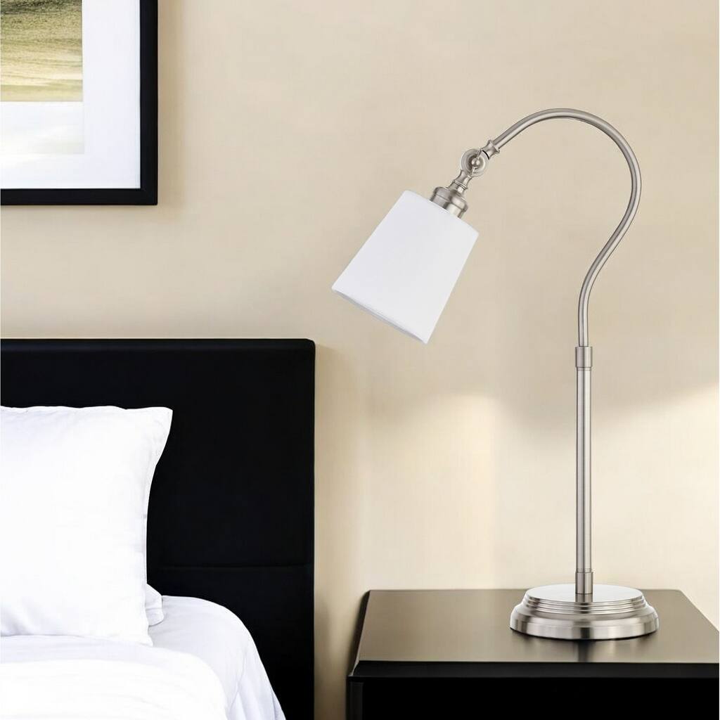 HomeRoots 25" Nickel Metal Arched Table Lamp With White Drum Shade - 14