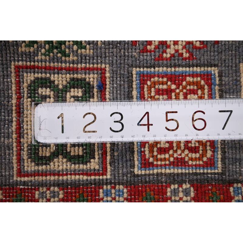 Geometric Grey Kazak Foyer Rug Hand-Knotted Wool Carpet - 2'8" x 3'11"