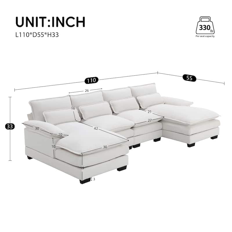 110" U-Shaped Velvet Sectional Sofa with 6-Seat Modular Sleeper and Chaise Lounge & Lumbar Pillows (330lb/Seat Capacity)