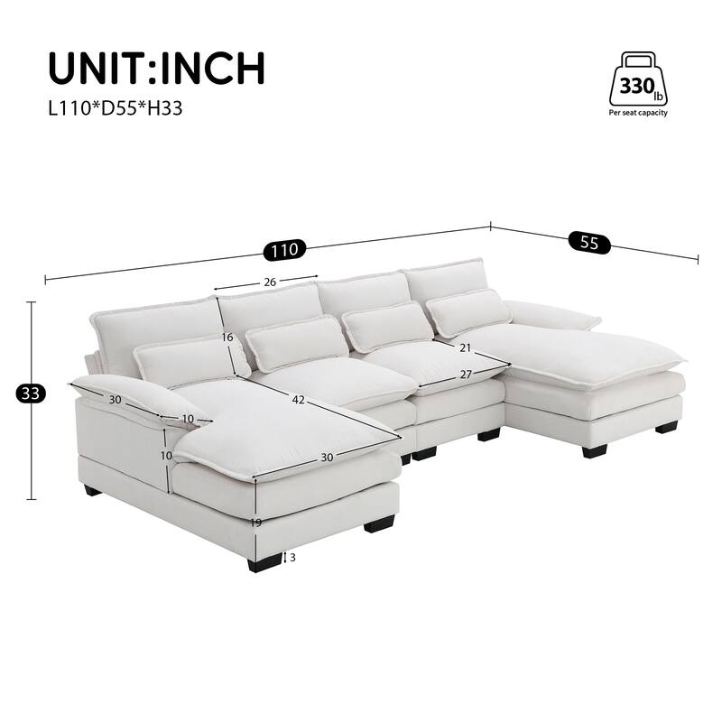 Modular U-shaped Sectional Sofa with 4 Waist Pillows, 6-Seat Upholstered Sofa with Chaise Lounge, Oversized Chenille Cloud Sofa - White