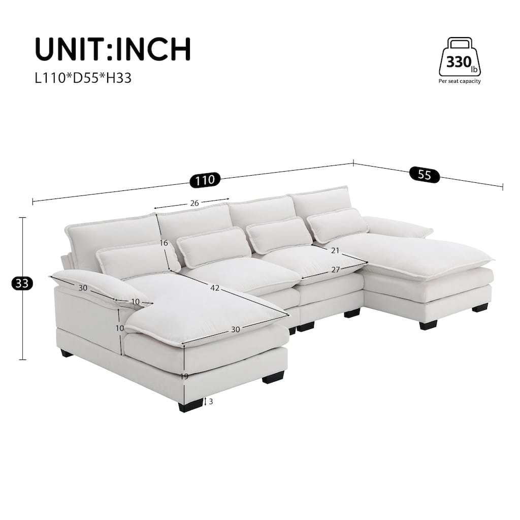 Modular U-shaped Sectional Sofa with 4 Waist Pillows, 6-Seat Upholstered Sofa with Chaise Lounge, Oversized Chenille Cloud Sofa