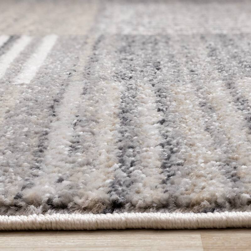 Solace Collection - Soft Low-Pile White Grey Striped Blocks Area Rug