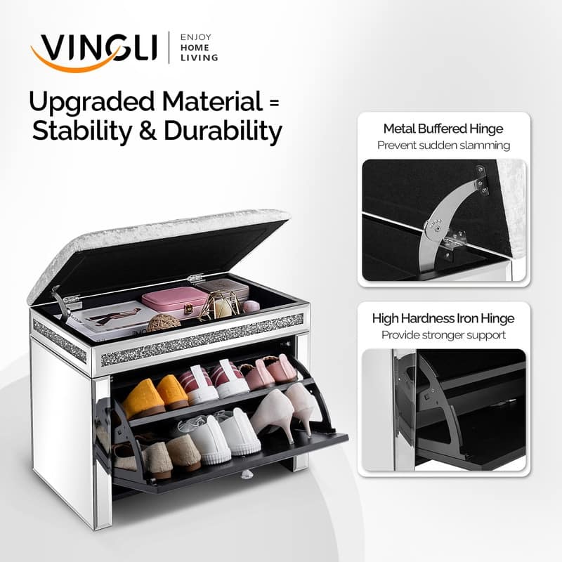 Pre-Assembled Mirrored Shoe Storage Bench with Flip Drawer Silver