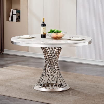 47" Round Dining Table with Faux Marble Tabletop and Stainless Steel Base - Silver+White
