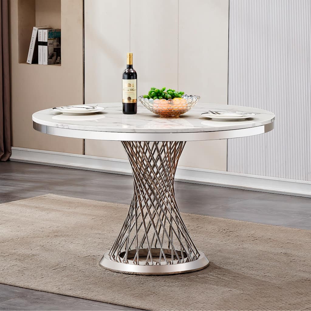 47" Round Dining Table with Faux Marble Tabletop and Stainless Steel Base - Silver+White