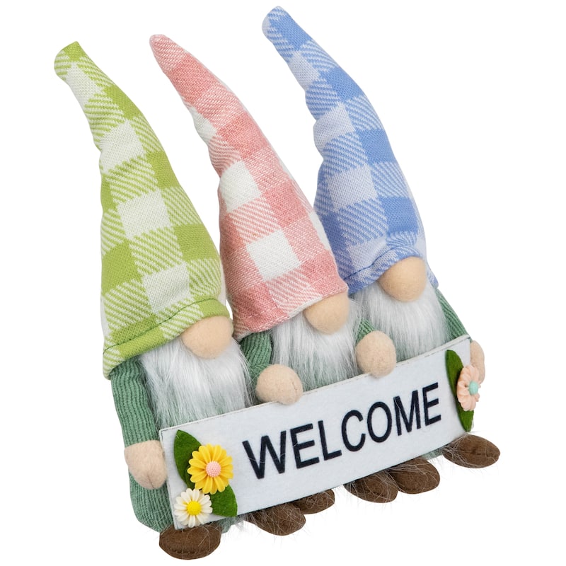 Gnome Trio with Welcome Banner Spring Table Decoration - 7" - Pastel Pink and Green