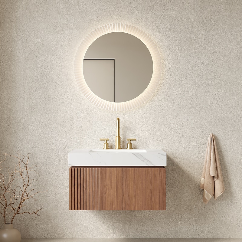 Floating Bathroom Vanity with Sintered Stone Top & Undermount Ceramic Basin with Three Pre-drilled Faucet Holes - 29.92'' x 18.9'' x 17.72'' - Brown Oak and Carrara White