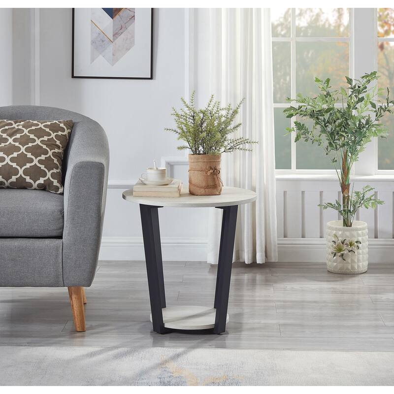 Contemporary Round End Table with Shelf, for Bedroom or Living Room, Off-White