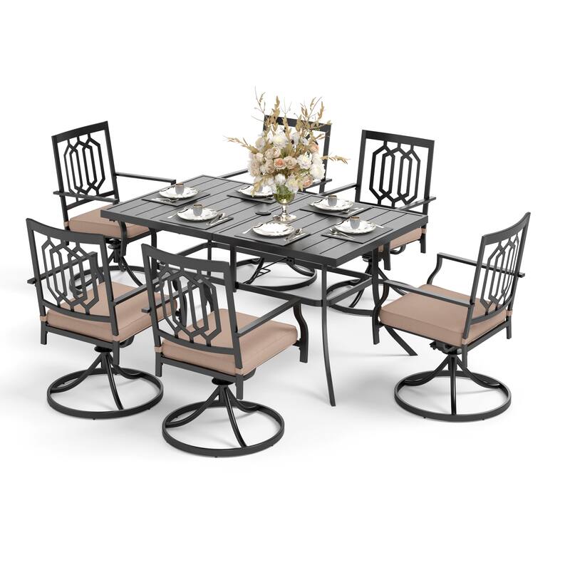 MAISON ARTS 7 Pieces Patio Dining Set, 6 x Swivel Dining Chairs with Cushion and 1 Metal Table with 2.6" Umbrella Hole - Black