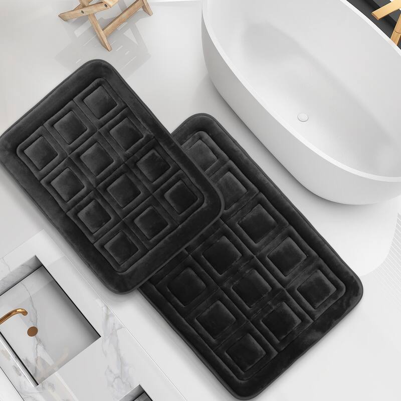 Clara Clark Ultra Soft Non Slip and Absorbent Bath Rug - Waffled Velvet Memory Foam Bath Mat - Small-Large (2PK) - Black