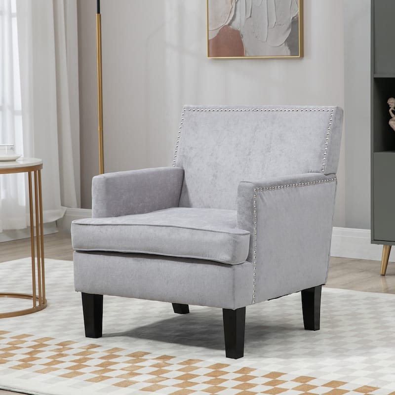 HOMCOM Modern Accent Chair, Upholstered Living Room Chair with Solid Wood Legs and Nailhead Trim, Dark Gray - Light grey