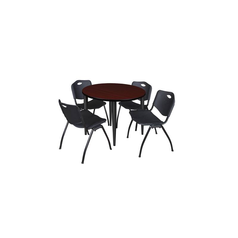 42 in. Round Breakroom Table- Mahogany Top, Black Base & 4 M Stack Chairs- Black