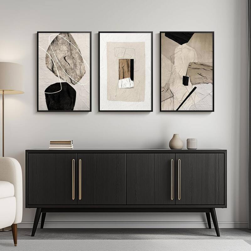 Framed Neutral Abstract Wall Art,Minimalist Black and Beige Pictures