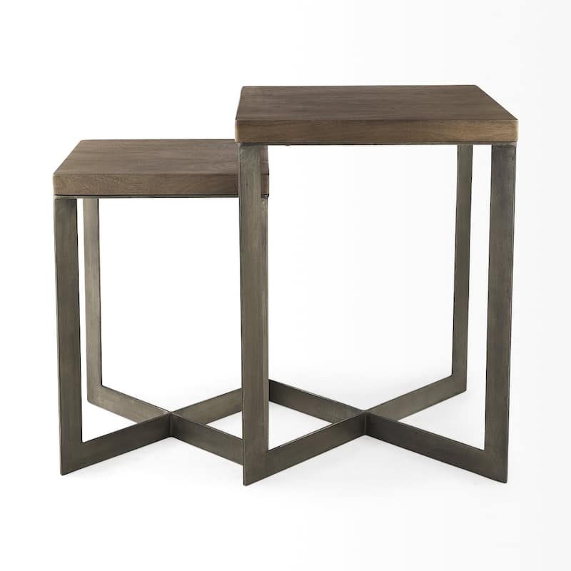 2-Pieces 26 Inch Brown Solid Wood Square End Table with Metal Base - 19" x 19" x 26"