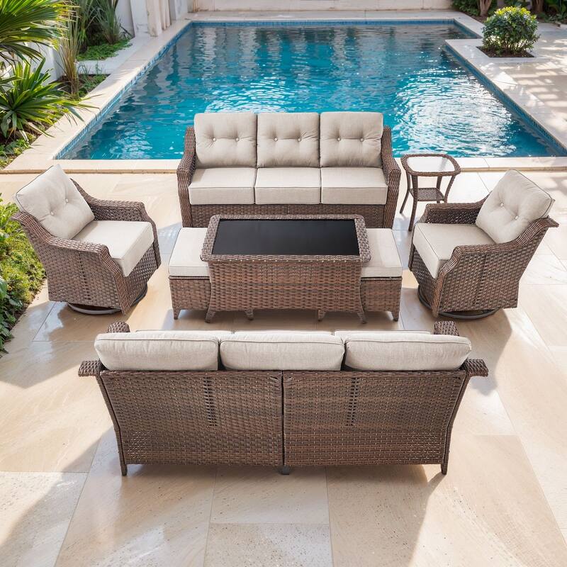 Artisan 8-Piece Patio Brown Wicker Sofa Conversation Set with 6-Inch Thick Cushions - Beige - Brown Wicker