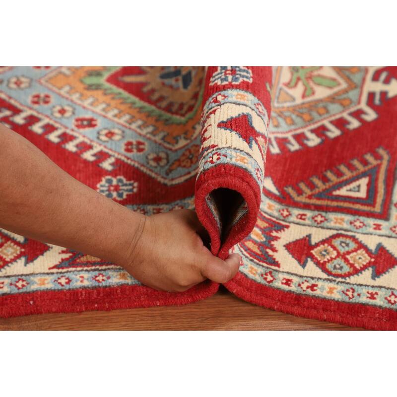 Geometric Red Kazak Oriental Accent Rug Handmade Foyer Wool Carpet - 2'7" x 3'10"