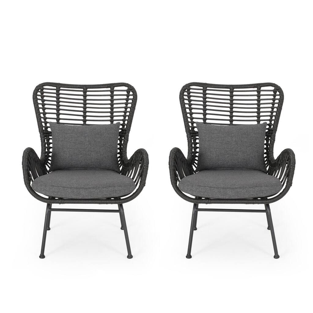 Slay Outdoor Accent Chair Set of 2, 25 Inch, Gray Woven Rattan, Iron Legs