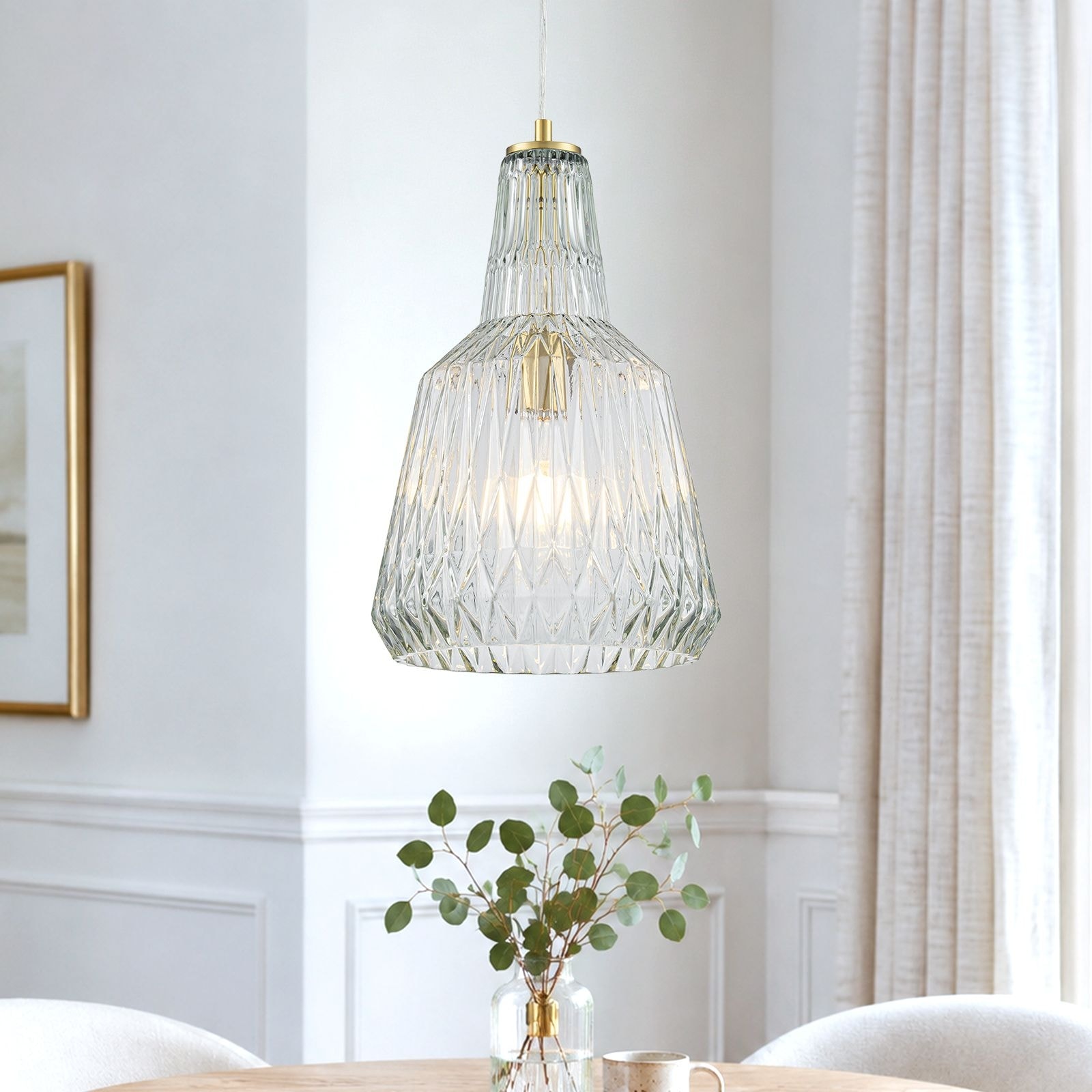 Glass Pendant Light Clear Textured Glass Vase Shade Kitchen Island - Dia.9.06 inch