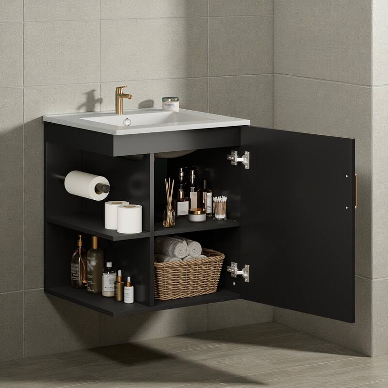 20" Wall Mounted Bathroom Vanity with Sink, Solid Wood & MDF Floating Cabinet, Side Shelf & Soft-Close Door