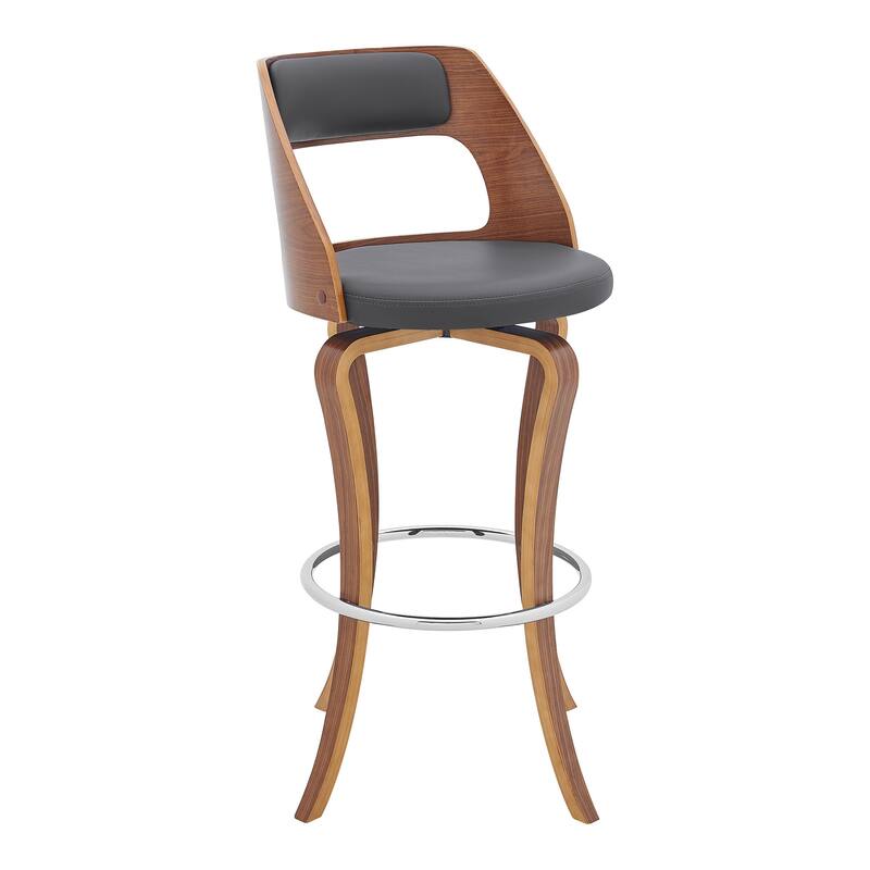 Grey Faux Leather Walnut Wood Swivel Bar Chair with Full Back and Footrest - 20” D x 19” W x 39” H - Grey and Brown
