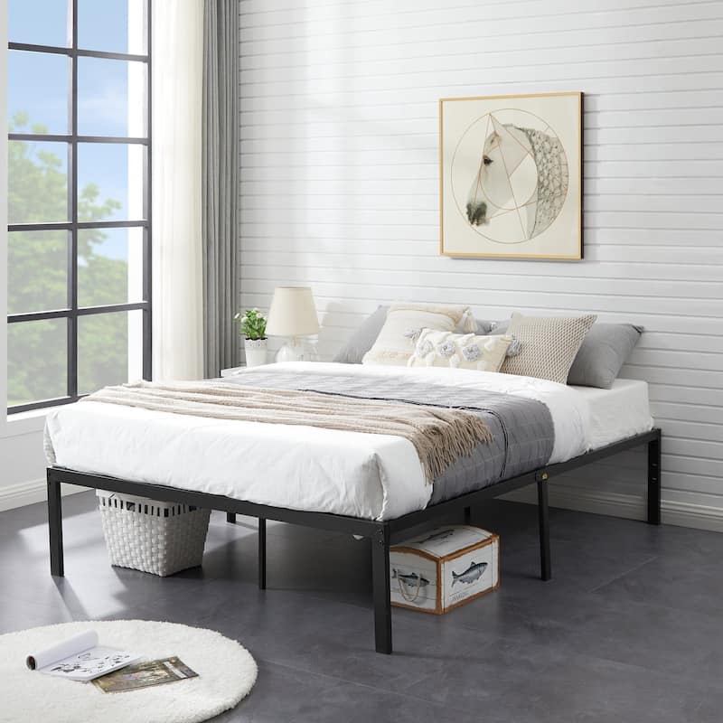 VECELO Bed Frames No Box Spring Needed, Heavy Duty Metal Platform with Steel Slat, Easy Assembly, Black