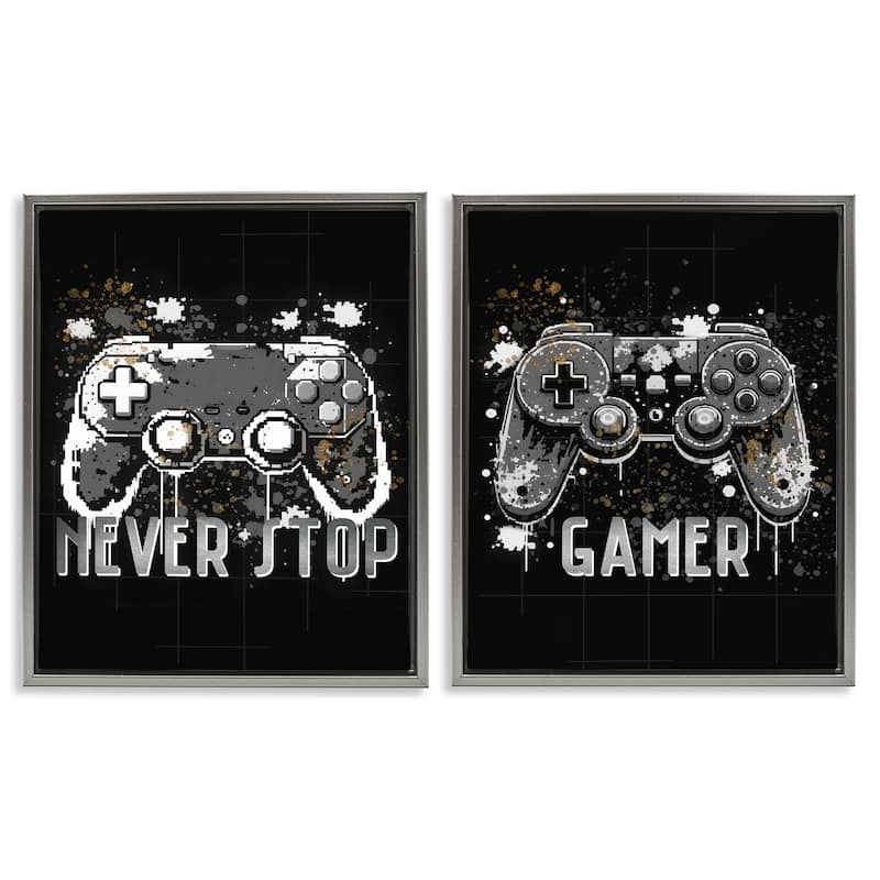 Stupell Modern Gamer Controller Phrases Framed Floater Canvas Wall Art Design By Kim Allen (Set of 2) - 25 x 31 - Grey