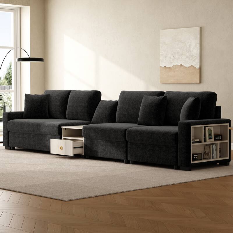 Christopher Knight Home - Havencrest 132.5" Modern Upholstered Modular Sofa with Storage Armrest Center Console - Black