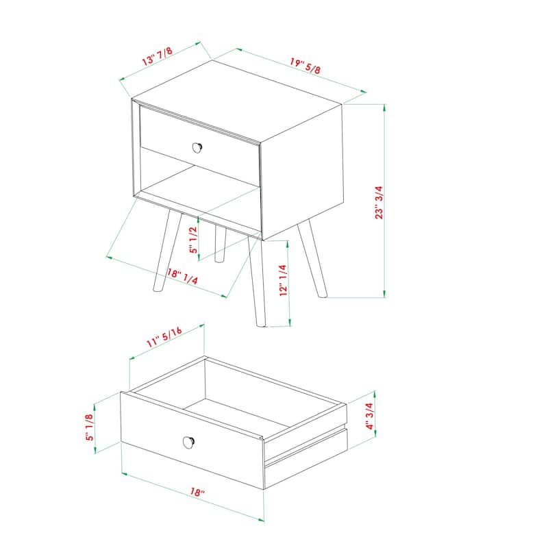 Mid-Century Modern Single-Drawer Solid Wood Nightstand for Living Room, Bedroom and Office