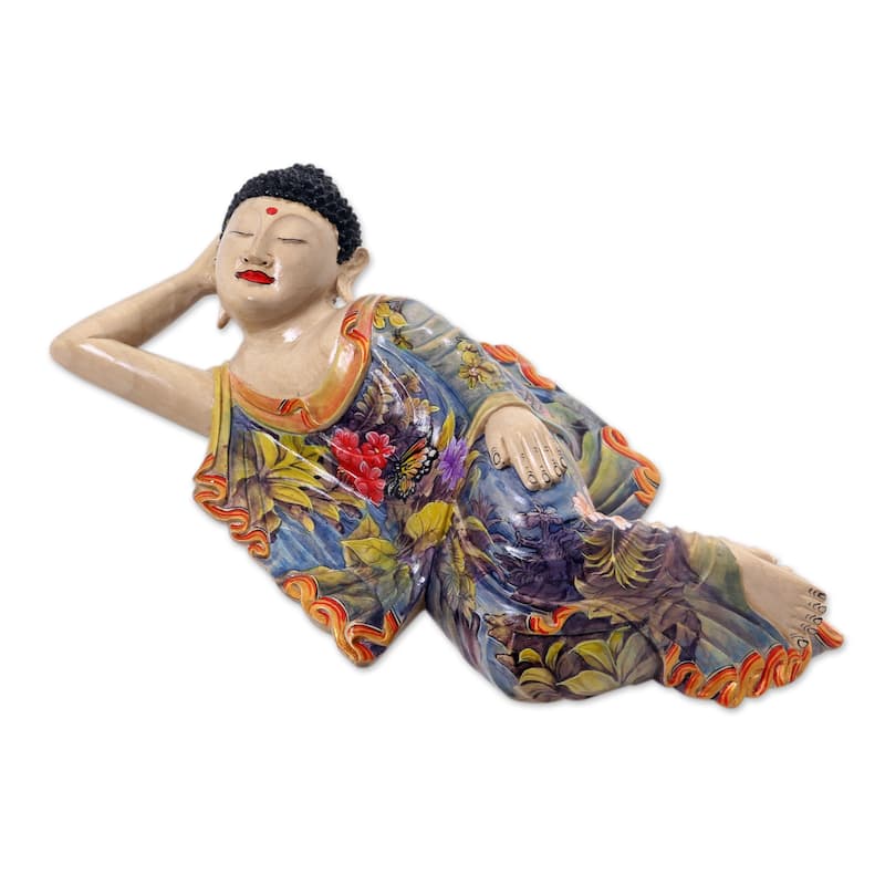 Novica Handmade Sleeping Balinese Buddha Wood Sculpture