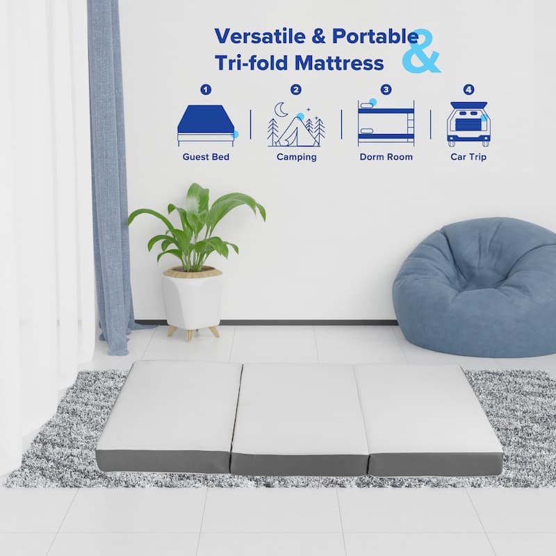 Folding Mattress, 3", 4" & 5" Gel Memory Foam Portable Tri-fold Mattress.