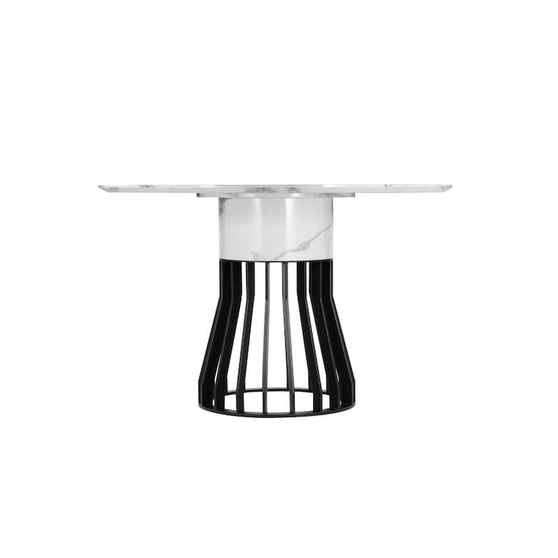 Jett 47 Inch Dining Table, White Round Marble Top, Metal Cage Frame Base