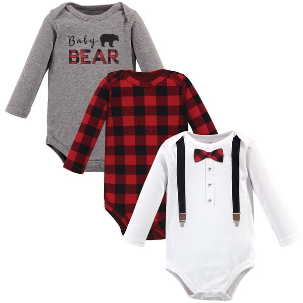 slide 1 of 1, Little Treasure Baby Boy Cotton Long-Sleeve Bodysuits 3pk, Lumberjack Bow Tie 0-3 Months - Lumberjack Bow Tie 3-Pack