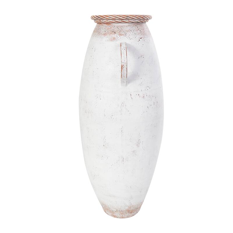 White Metal Vase with Antique Distressing and Terracotta Accents