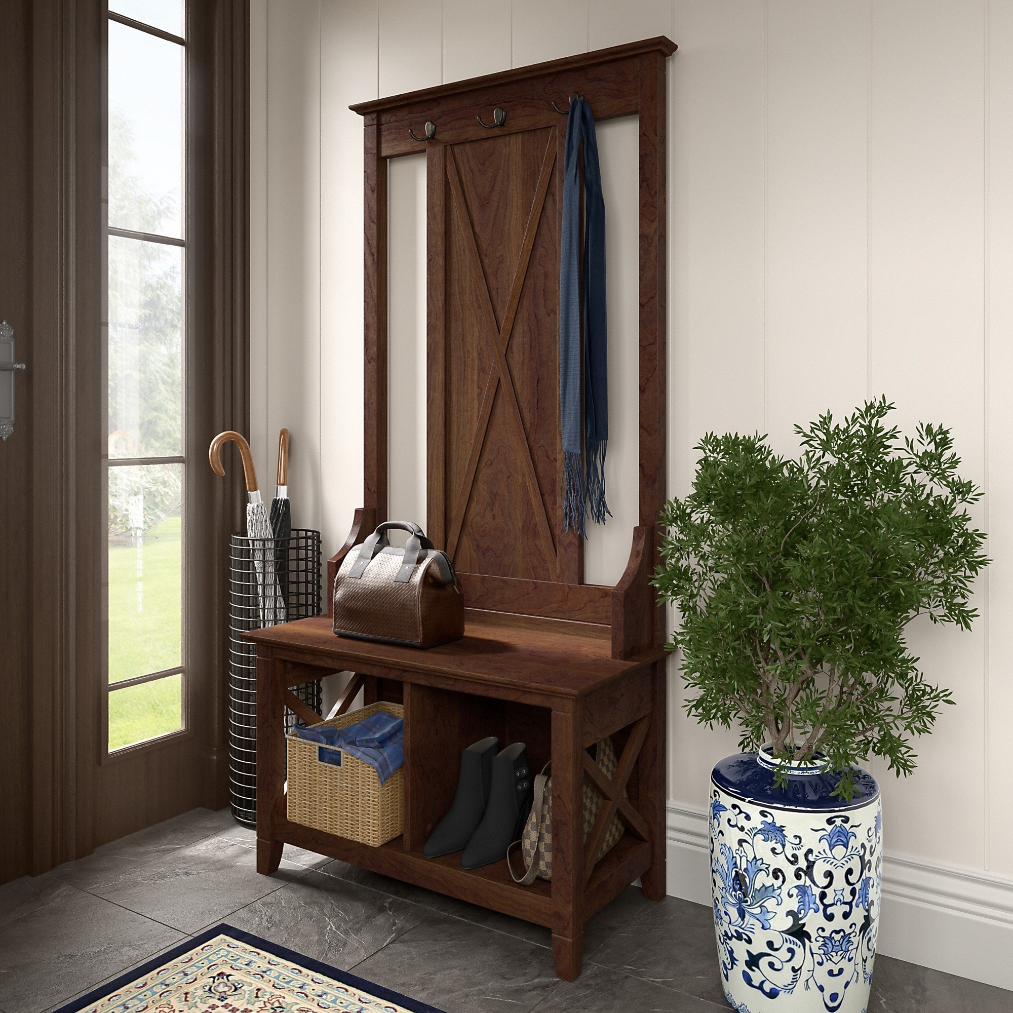 Bush Furniture Woodland Entryway Storage Set with Hall Trees and Shoe Bench with Drawers Cape Cod, Gray