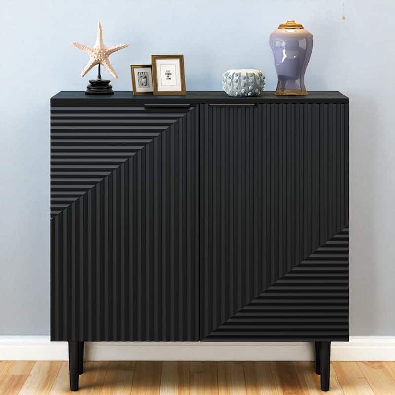 Modern Minimalist Side Cabinet with Adjustable Shelves and Geometric Doors, MDF Top and Metal Legs. - Black