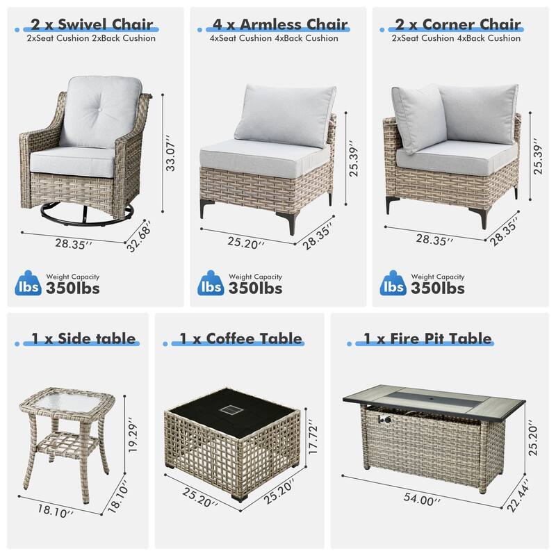 OVIOS 11-Piece Outdoor Wicker Swivel Chair Set With Solar-Powered Coffee Table&Fire Pit