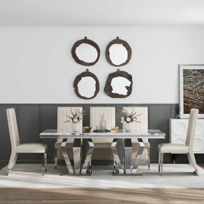 White PU Leather Dining Chairs with Nail Head Trims and Mirrored Silver Metal Legs