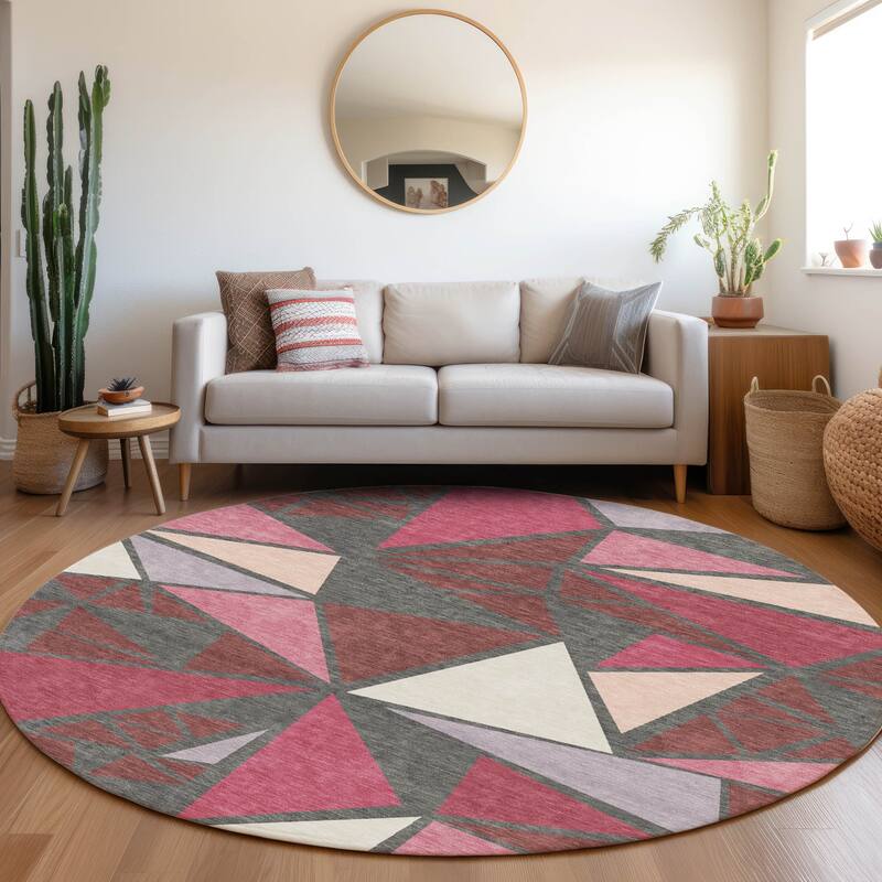 Machine Washable Indoor/ Outdoor Abstract Mosaic Chantille Rug - Burgundy - 8' x 8'