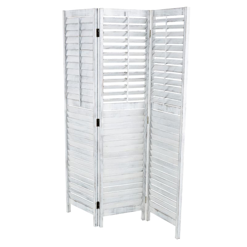 Wood Washed Shutter Top 3 Panel Room Divider Screen with Gray Distressing - White - Roche River Decor - 1"W x 47"L x 67"H