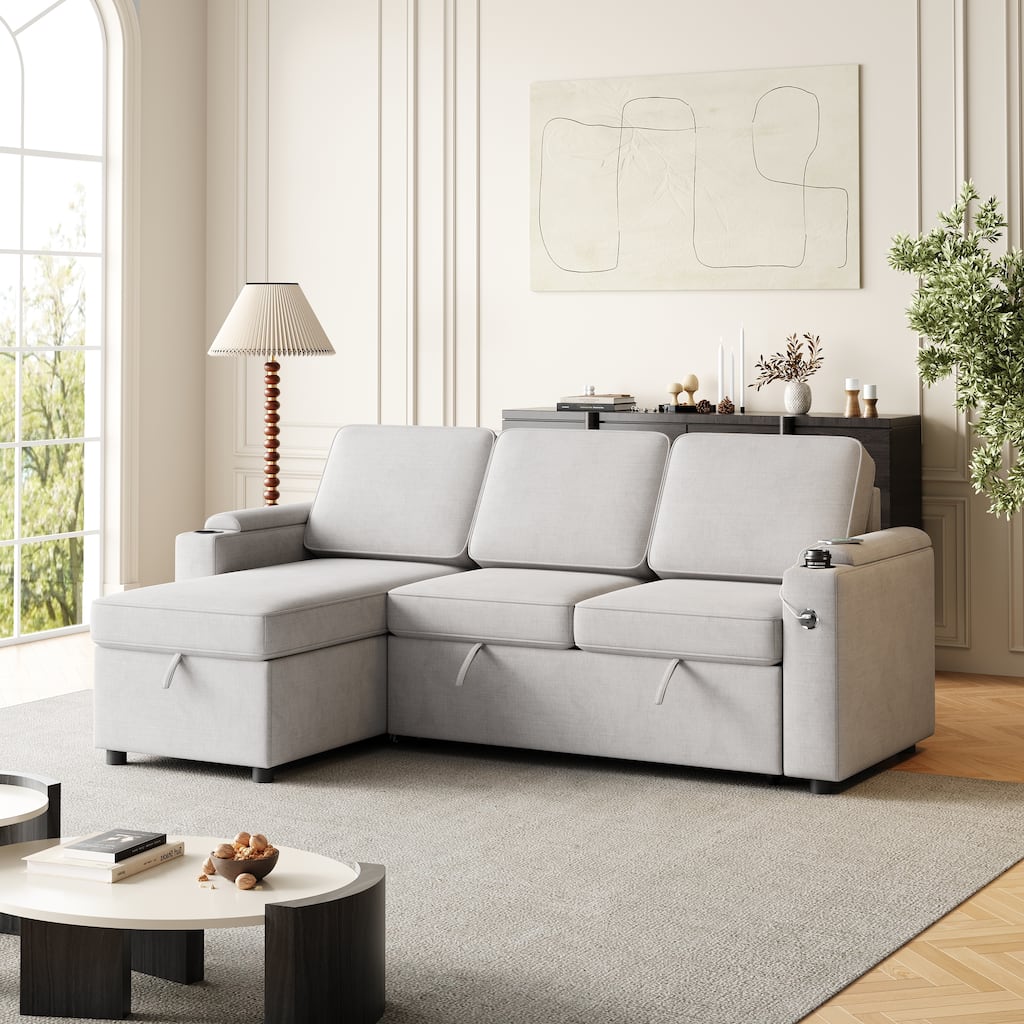 Light Grey 85.8" Sleeper Sectional Sofa with Storage Chaise, Armrest, Charging Port