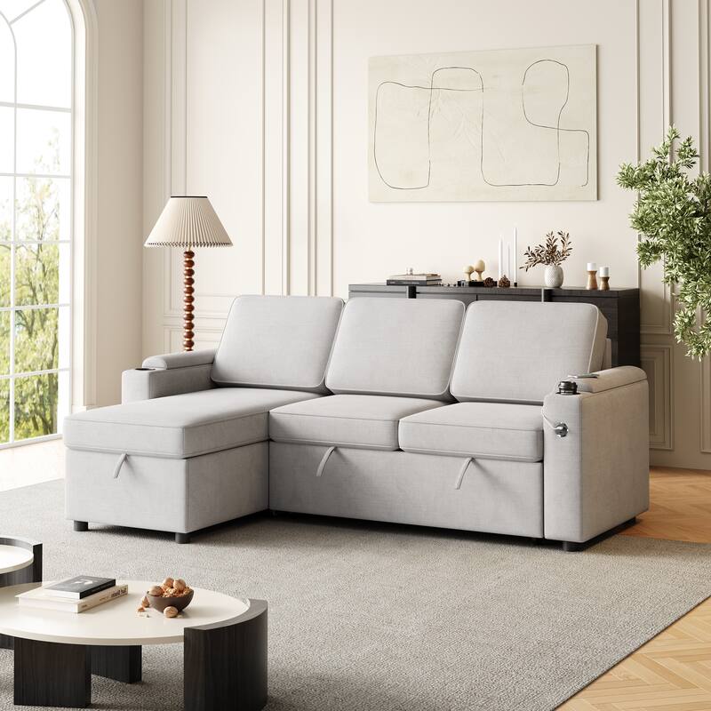 Sleeper Sofa with Storage, Cup Holder and USB Charging Port,Couch with Pull Out Bed, Daybed for Living Room Bedroom