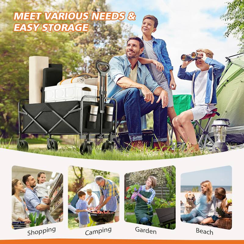 Foldable Picnic Wagon Cart with Drink Holders, Large Capacity Utility Cart for Outdoors, Shopping, and Travel