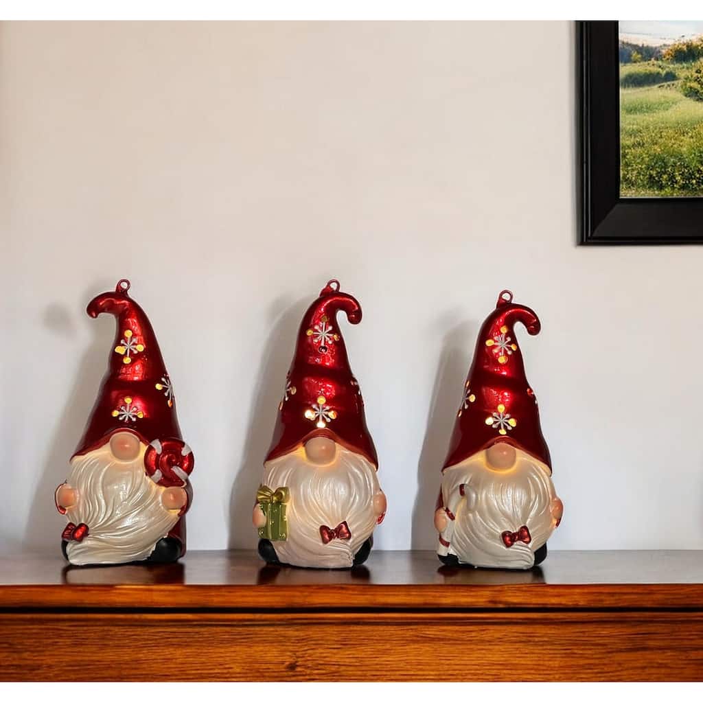 HomeRoots Set of Three Red and White Santa Gnome LED Light Up Christmas Ornaments - 2.5