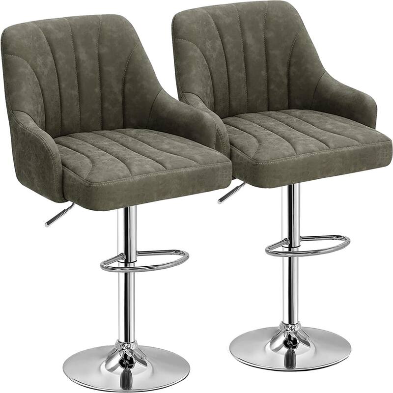 VECELO Set of 2 Adjustable Height Barstool with Footrest and Back Upholstered Bar or Counter Height Stool and Parts - Grey